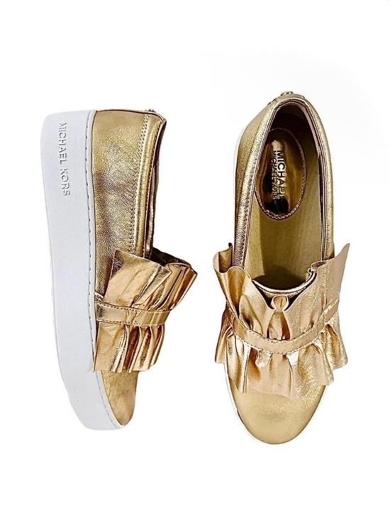 Michael Kors Shoes - Michael Kors New Bella Sip on Ruffle Metallic Leather Platform Flats